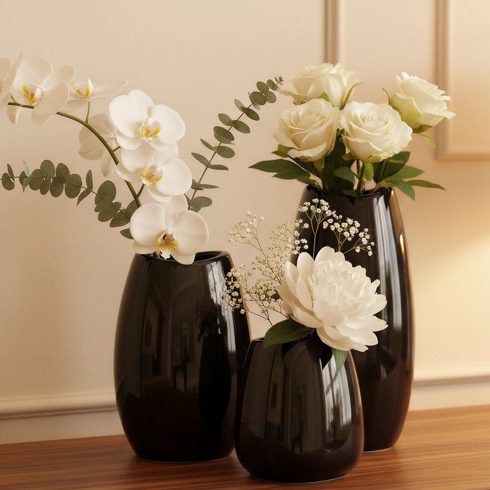 Amazon.com: hjn Ceramic Vase Set of 3 Black Flower Vase for Home